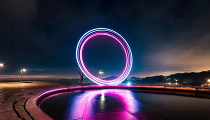 Fotobehang a luminous neon circle dominates the dark scene its undulating lights © Holly