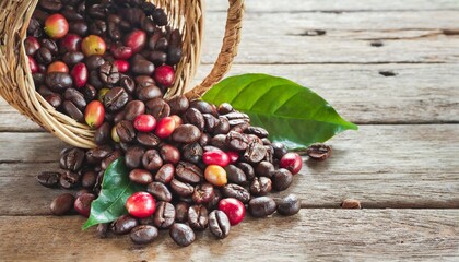 coffee cherry beans in a basket placed on a wooden table