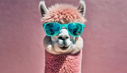 pink alpaca wearing turquoise sunglasses on pink background - obrazy, fototapety, plakaty