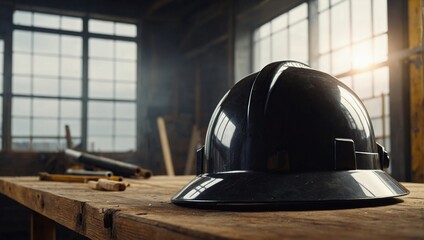 construction helmet on a wooden table with copy space for text - obrazy, fototapety, plakaty