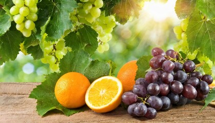 image of a bunch of grapes and branch with oranges in the garden