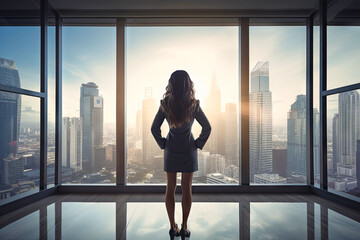 Woman Standing in Front of Window, Looking Out at City - obrazy, fototapety, plakaty