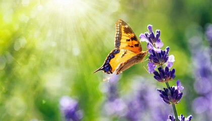 sunny summer nature background with fly butterfly and lavender flowers with sunlight and bokeh outdoor nature banner copy space