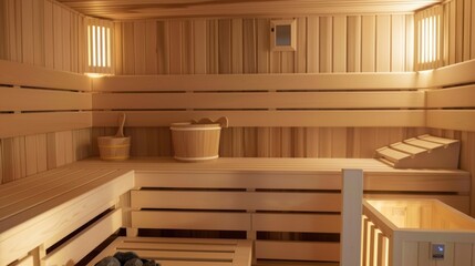 A wooden sauna with a bucket and a pair of shoes. Infrared sauna interior