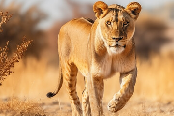 Obraz premium Majestic lioness walking across the golden savannah