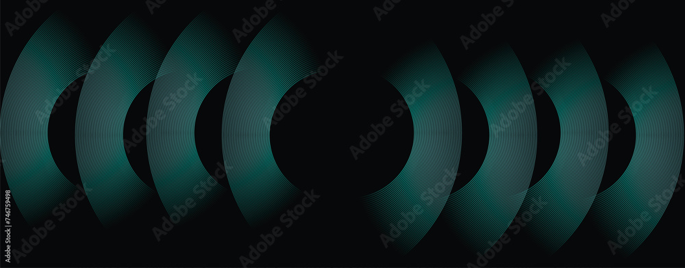Poster abstract geometric shapes, curved crescents, symmetrical pattern, teal and black color scheme, digit