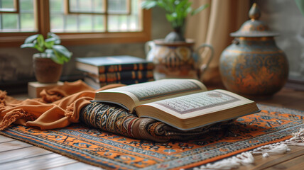 The holy book of Islam - the Quran - open before the faithful during reading and prayer.