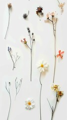 A bunch of different types of flowers on a white surface. Barely there florals on white background.