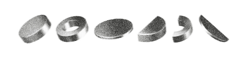 3d gritty geometric shape with grain gradient effect in y2k style isolated on white. Noise cylinder, torus, pipe, ring with grainy dot texture rotate with light and shadow. 3d vector geometric figure.
