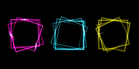 Set of the pink, yellow and blue laser glowing frames isolated on black background. Neon square. Abstract vector illustration.