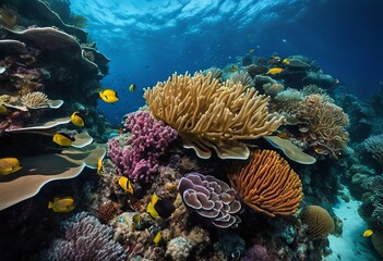 Naklejka na ściany i meble illustration, exploring vibrant underwater world coral reefs marine life: visual journey through depths ocean, fish, sea, blue, ecosystem, biodiversity