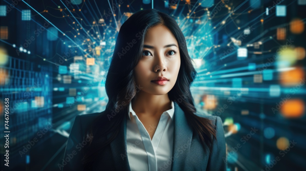 Poster tech analyst study cyber data chart from corporate system for statistical analytic defining marketin