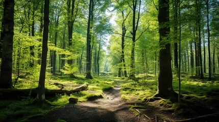 A wild forest with trees and lots of green in spring