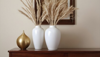 This modern interior design includes a hardwood table adorned with a variety of ornamental pieces.A white porcelain vase with dried spikelets within is one of these things, along with a golden picture