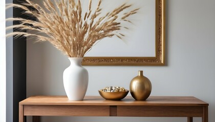 This modern interior design includes a hardwood table adorned with a variety of ornamental pieces.A white porcelain vase with dried spikelets within is one of these things, along with a golden picture - obrazy, fototapety, plakaty