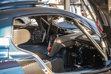 Detail of the interior of the cockpit of a GT1 racing competition car