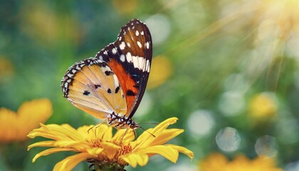Fototapeta na wymiar bright butterfly on yellow flowers in a garden summer wonderland fantastic card