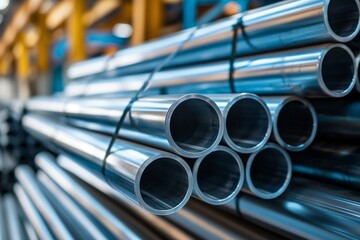 A stack of high-quality galvanized steel or metal pipes stored in an industrial setting