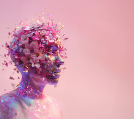 Human Profile with Floral and Glitter Accents