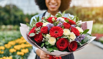 red beautiful bouquet of mixed flowers in woman hand floral shop concept beautiful fresh cut bouquet flowers delivery