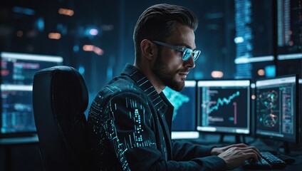 Programming coding and man with focus, hologram and trading with cyber security, futuristic and research, Male person, investor and employee with data analysis, server or investment with website info