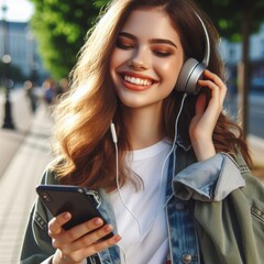 A joyful young woman, holding a mobile phone and wearing wireless headphones, happily immersing herself in music while walking along a footpath.