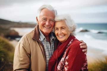 Foto auf Leinwand happy retired senior couple on cruise ship enjoying retirement © Darya