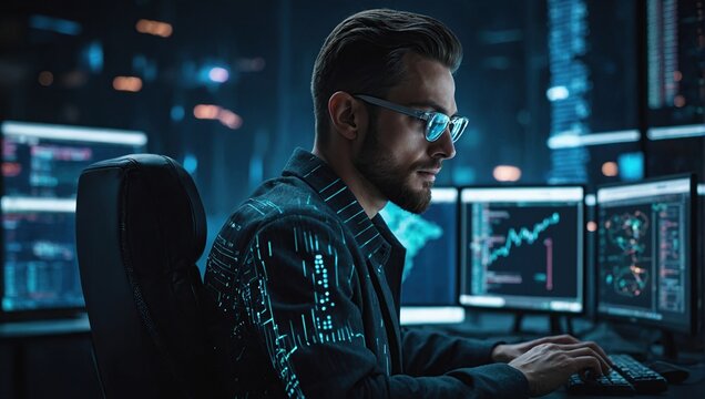 Programming coding and man with focus, hologram and trading with cyber security, futuristic and research, Male person, investor and employee with data analysis, server or investment with website info