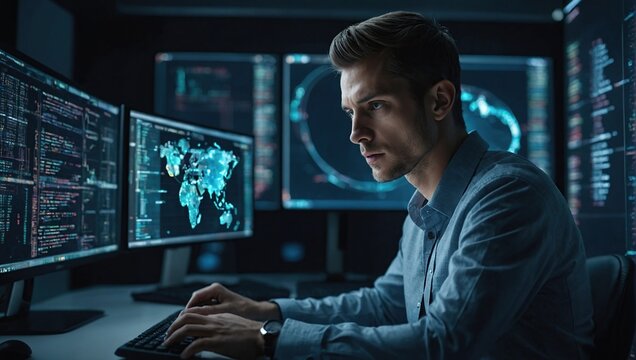 Programming coding and man with focus, hologram and trading with cyber security, futuristic and research, Male person, investor and employee with data analysis, server or investment with website info - Powered by Adobe