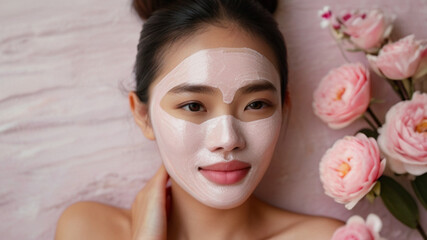 Gorgeous young Asian woman with skin care pink clay mask on her face, for softening and soothing sensitive and weakened skin. It gently exfoliates the skin of the face.