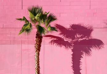 Pink background with a Palm tree casting a shadow on a wall under the sun's rays.