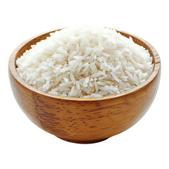 White rice in a wooden bowl isolated on white or transparent background