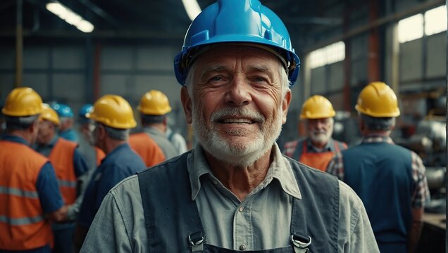 happy industrial factory retired workers, Professional worker in a helmet, Labor day concept