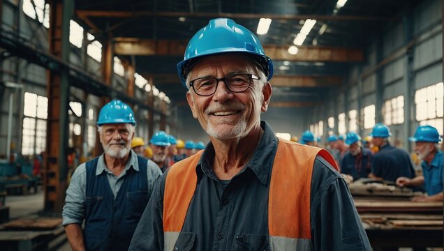 happy industrial factory retired workers, Professional worker in a helmet, Labor day concept