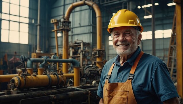 happy industrial factory retired workers, Professional worker in a helmet, Labor day concept - Powered by Adobe