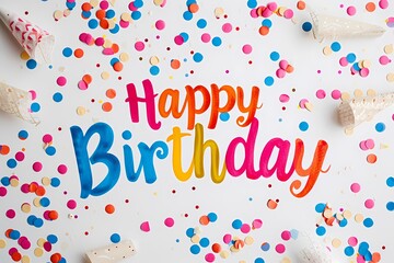 Colorful confetti arranged in an artistic pattern enhances the impact of the neatly scripted "Happy Birthday" message on a clean, white canvas.