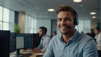 Happy Male contract service representative telemarketing operator smiling to camera, Happy man call center agent or salesman wearing headset working in customer support office