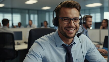Happy Male contract service representative telemarketing operator smiling to camera, Happy man call center agent or salesman wearing headset working in customer support office
