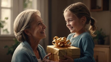 happy mother's day child daughter gives flowers to mother