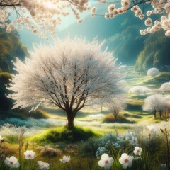 Fototapeta na wymiar A white cherry blossom tree in a picturesque springtime meadow, with delicate blossoms adorning the branches and creating a serene and beautiful landscape.