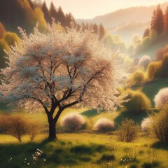 A white cherry blossom tree in a picturesque springtime meadow, with delicate blossoms adorning the branches and creating a serene and beautiful landscape.