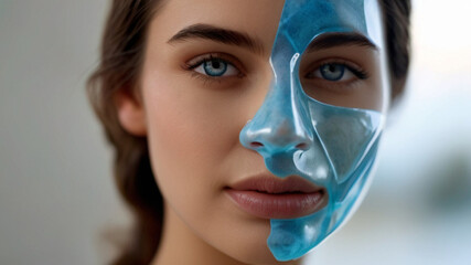 Gorgeous young woman with skin care hydrogel mask on her face, for providing intense moisture, leaving the skin plump and radiant. - obrazy, fototapety, plakaty