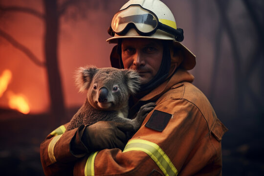 Koala In The Arms Of A Firefighter Man Against The Background Of A Burning Forest. Animal Rescue.