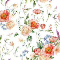 Watercolor seamless pattern of bouquet with peony, ranunculus and leaves. Hand painted floral elements isolated on white background. Flower illustration for design, print, fabric and background. - 746762401