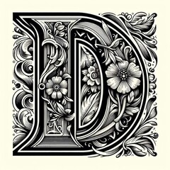 monogram initial capital letter D in flowery gothic font, black and ivory - obrazy, fototapety, plakaty