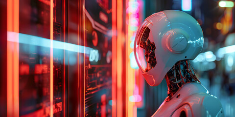 robot looks at neon screen