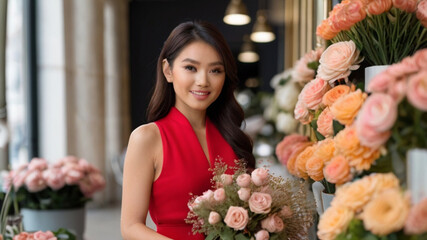  Portrait of beautiful young Asian florist in stylish flower shop