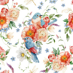 Watercolor floral seamless pattern of peonies, forget-me-not, ranunculi and song bird. Hand painted composition isolated on white background. Flowers Illustration for design, print or background.