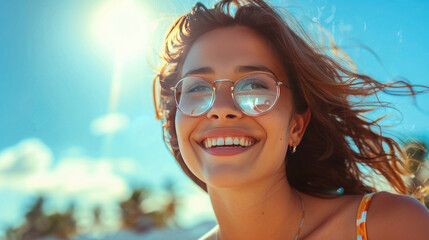 Portrait of happy young woman wearing glasses against a background of clear sky on sunny day - obrazy, fototapety, plakaty