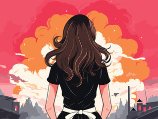 Woman contemplating sunset cityscape. Female long hair looks evening sky, urban silhouette. Contemplation city life vector illustration